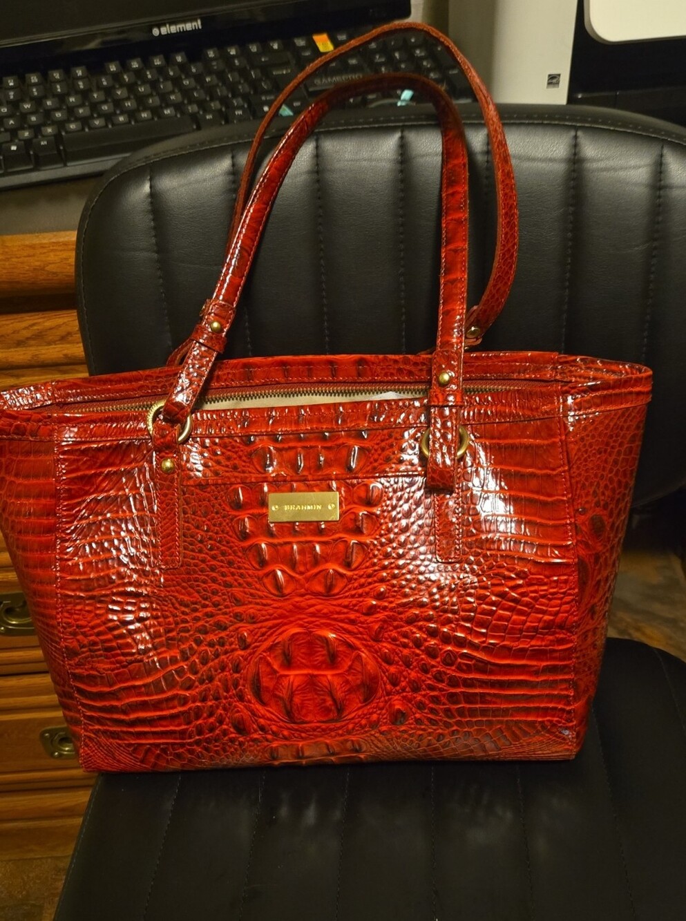Brahmin Glossy Red Croc-Embossed Leather Tote